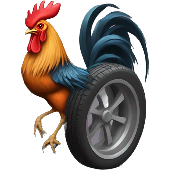 A rooster who has a car tire instead of a body emoji