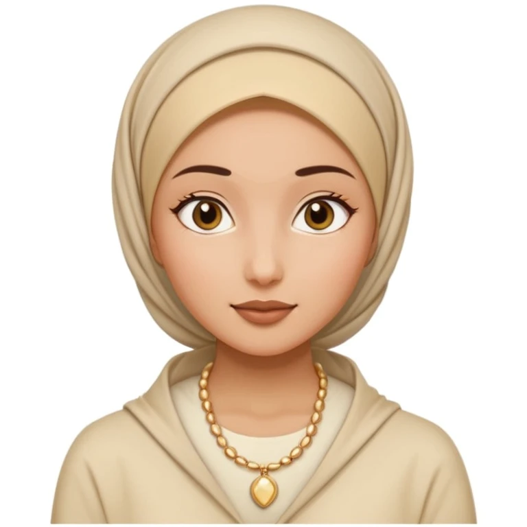 clean girl aesthetic emoji, hijabi woman in a white top and beige hijab, gold necklace, slick bun under hijab, glowing skin, soft beige background emoji