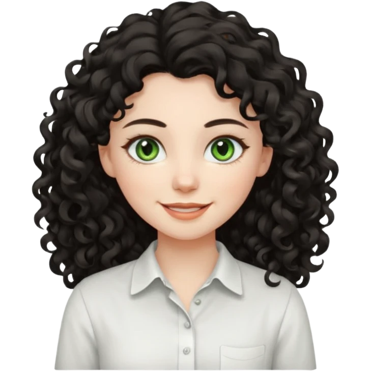 girl with thick dark black wavy curly hair almond green eyes pale skin smiling wearing white shirt emoji