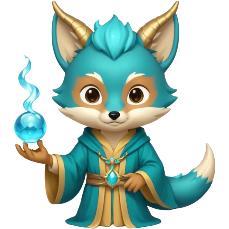Chibi teal fox with small antler horns, confident magical expression, gold mark on forehead, teal-gold robe, holding glowing blue water orbs, with dragon tail with small antler horns on its head emoji