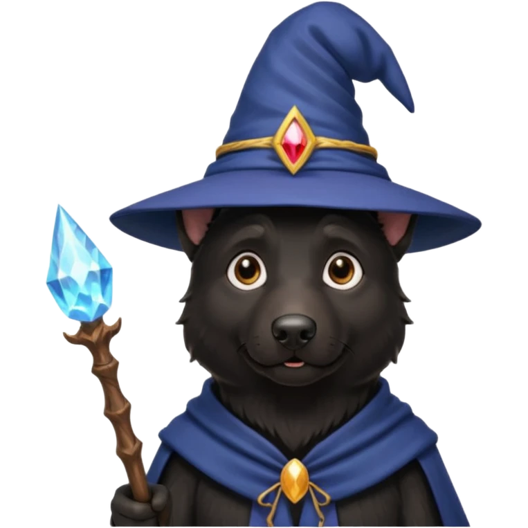 all black german shepherd face wearing a wizard hat and staff and magic emmiting from him emoji