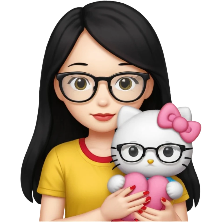 Nails cute with hello kitty wear glasses black long  hair, wear yellow shirt , red nails , big hello kitty emoji