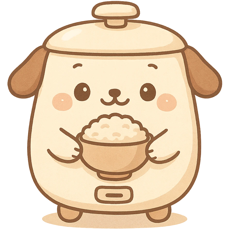 kawaii rice cooker with dog features, round belly, holding a rice bowl, soft cream and brown tones, full-body emoji