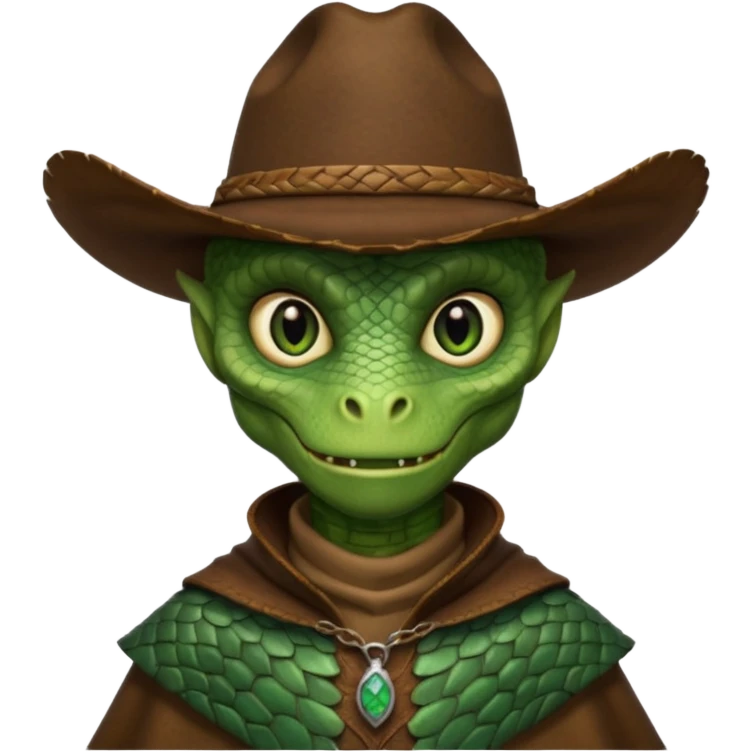 Portrait of a reptilian alien cowboy with textured scales, slit pupils, sharp jawline, dark brown cowboy hat, leather poncho, intense gaze, warm desert lighting, hyper realistic, shallow depth of field, cinematic western atmosphere
 emoji