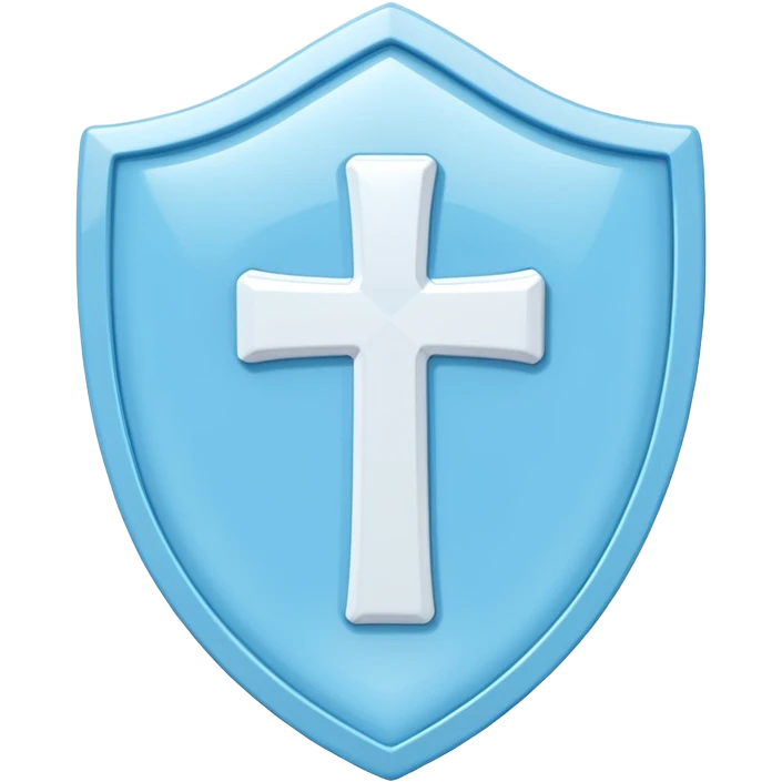 A cute 3D render icon of a protective shield. Rounded edges, plump, glossy plastic material. Sky blue and white color palette. A subtle, soft white cross or heart symbol embossed in the center. Clean studio lighting, soft shadows. Isolated on a light pastel background. Minimalist design. emoji