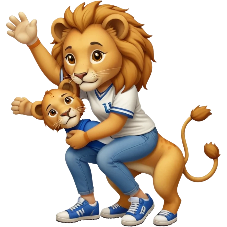 confident anthropomorphised female lion wearing a baseball shirt, jeans, and trainers, helping someone up after a fall, showing kindness emoji