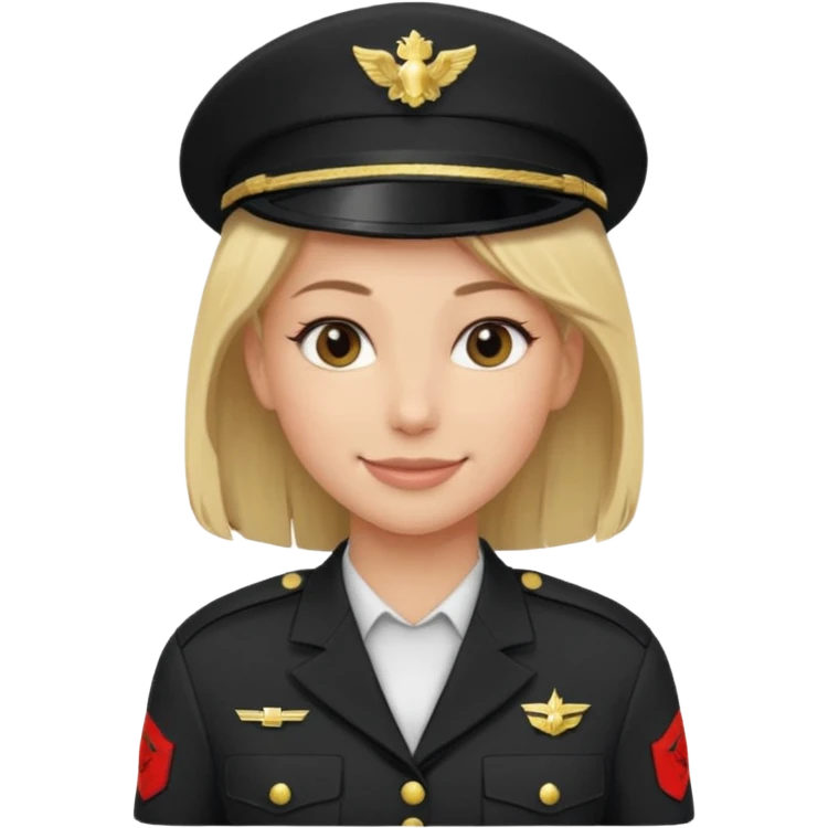 Apple-style emoji: female soldier, bust, no cap/helmet, friendly smile,black color blonde hair emoji
