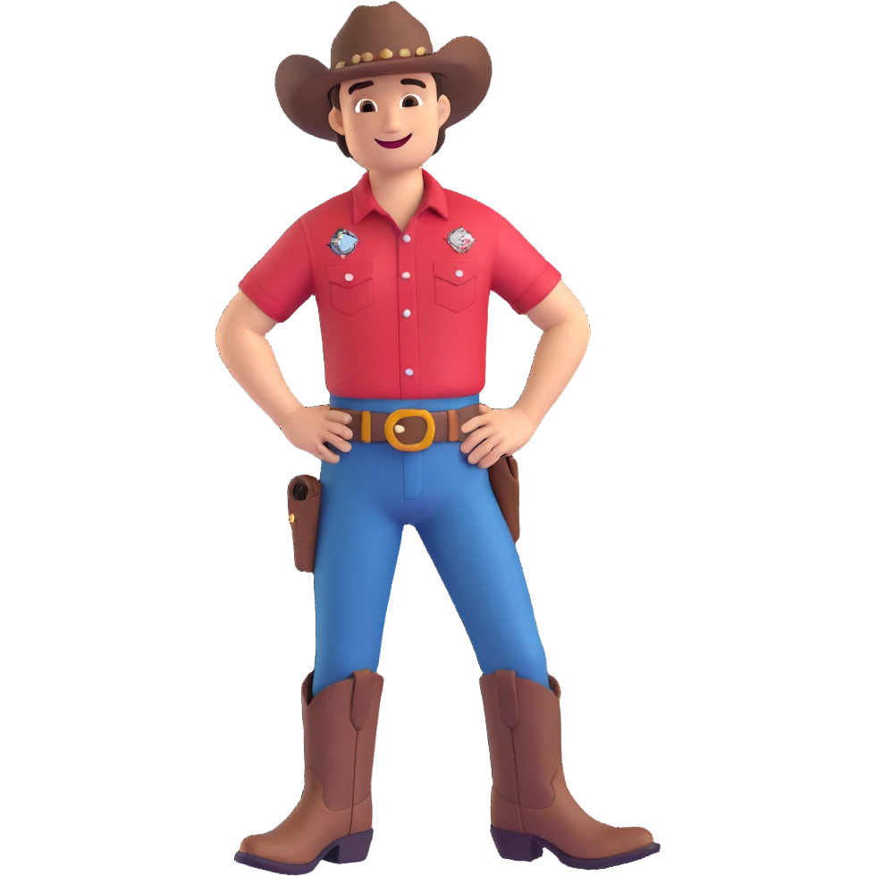 smiling cowboy in Jurassic Park shirt with visible logo, hands on hips, classic western boots emoji