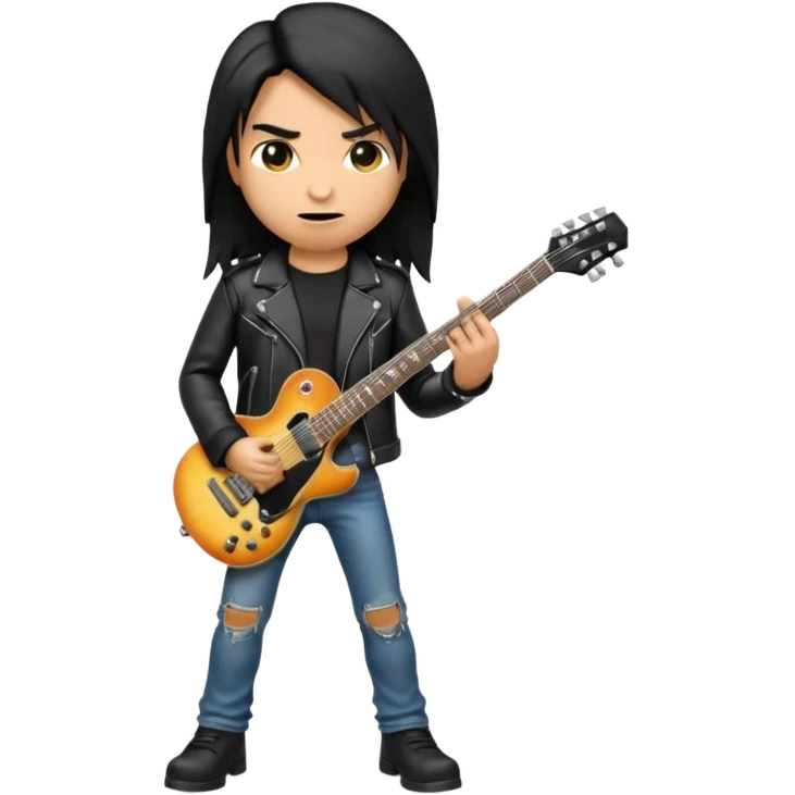 3D Apple-style emoji of a metal musician. Long hair, black leather jacket, ripped jeans, holding an electric guitar. Intense expression, glossy, rounded, smooth, soft shadows, white background.









 emoji