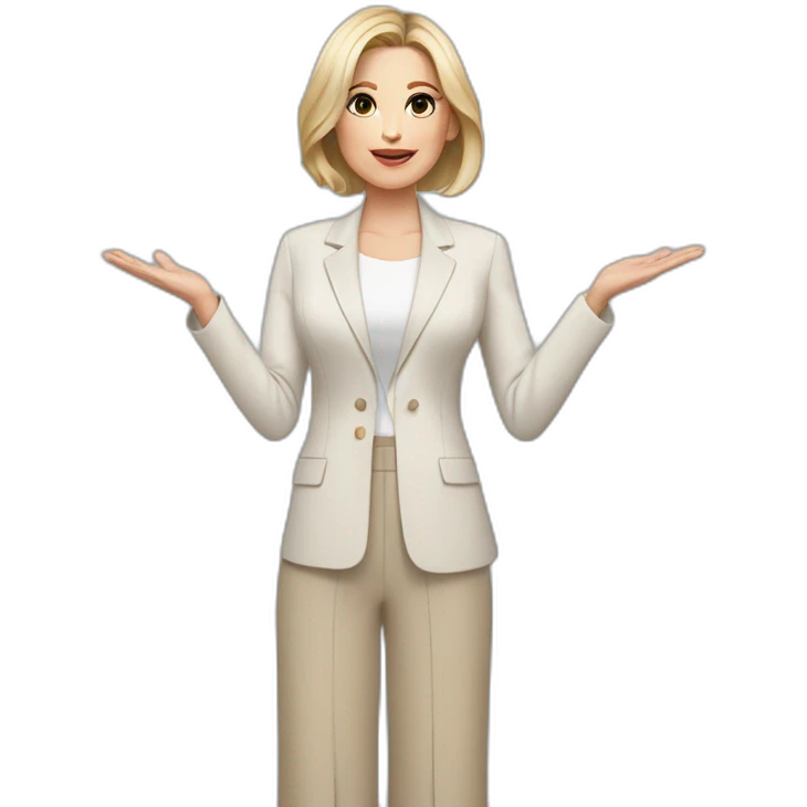 Full height Actively gesturing with hands pale skin woman with ash blonde Straightened bob Hair, White Spacious classical jacket, beige palazzo Arrow pants and gray blouse emoji