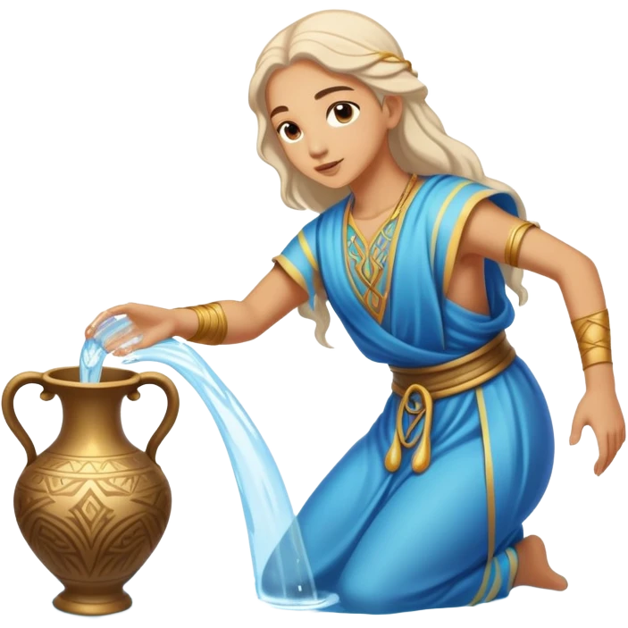 The zodiac symbol Aquarius. A mystical beautiful water bearer, pouring water on the ground from a large, intricate, and arcane vase emoji