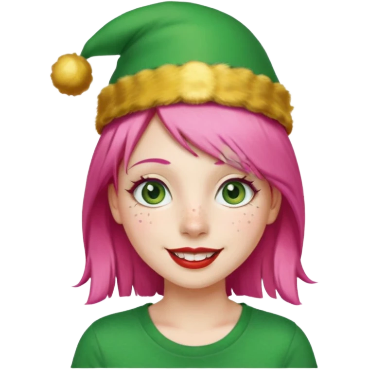 Create a girl with pink hair and green eyes with long eyelashes and a smiley face. She has freckles in her face and a lit of bit of lipstick on her mouth, she’s also got gold birthday hat on her head with gold pom poms on top of it, and her T-shirt is red emoji