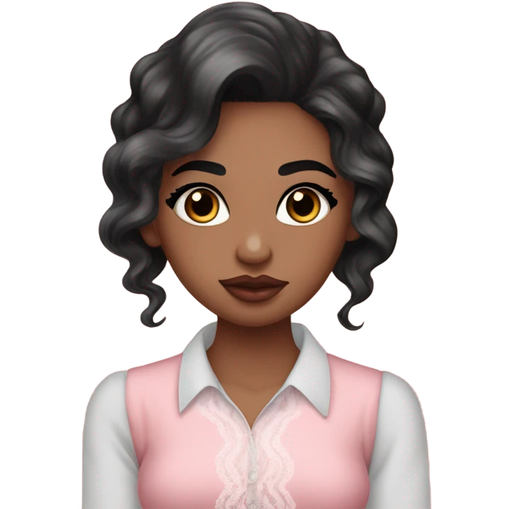 Fair girl with Cupid bow lips and long eyelashes and black eyes straight eyebrows wavy long black hair pink blush on cheeks wearing flare lace shirt  emoji