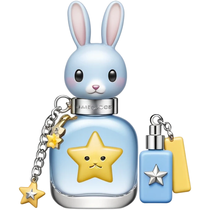 Create an emoji of a clear perfume bottle labeled ‘Perfect Marc Jacobs’ with a silver cap topped with fun charms: a silver star, white bow, yellow ring, blue rabbit, and domino tile. Soft pastel colors, cute and playful style emoji