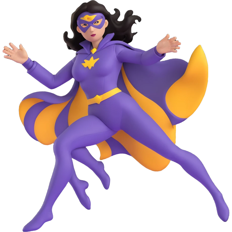 female superhero in a soft purple and black suit, magic swirling from hand emoji