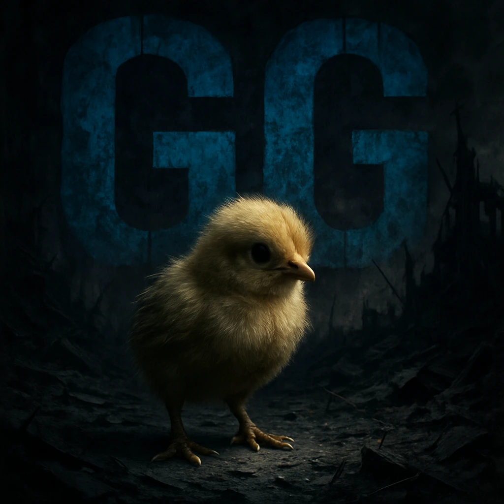 Small chick in a devastated world with blue letters 'GG' integrated into the background, dramatic and contrasting style, impactful and dark environment. emoji