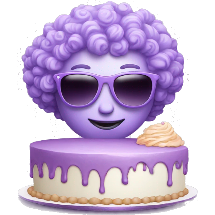 lilac alien with curly hair and sunglasses making a cake emoji