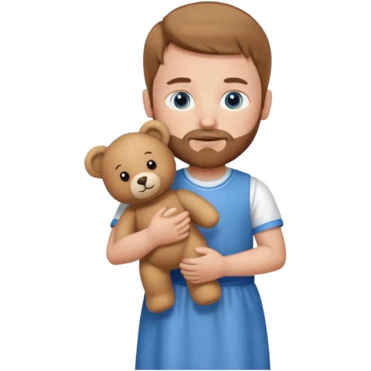 Boy eith light brown hair and a beard, blue eyes, with a dress and a bear in his hands emoji