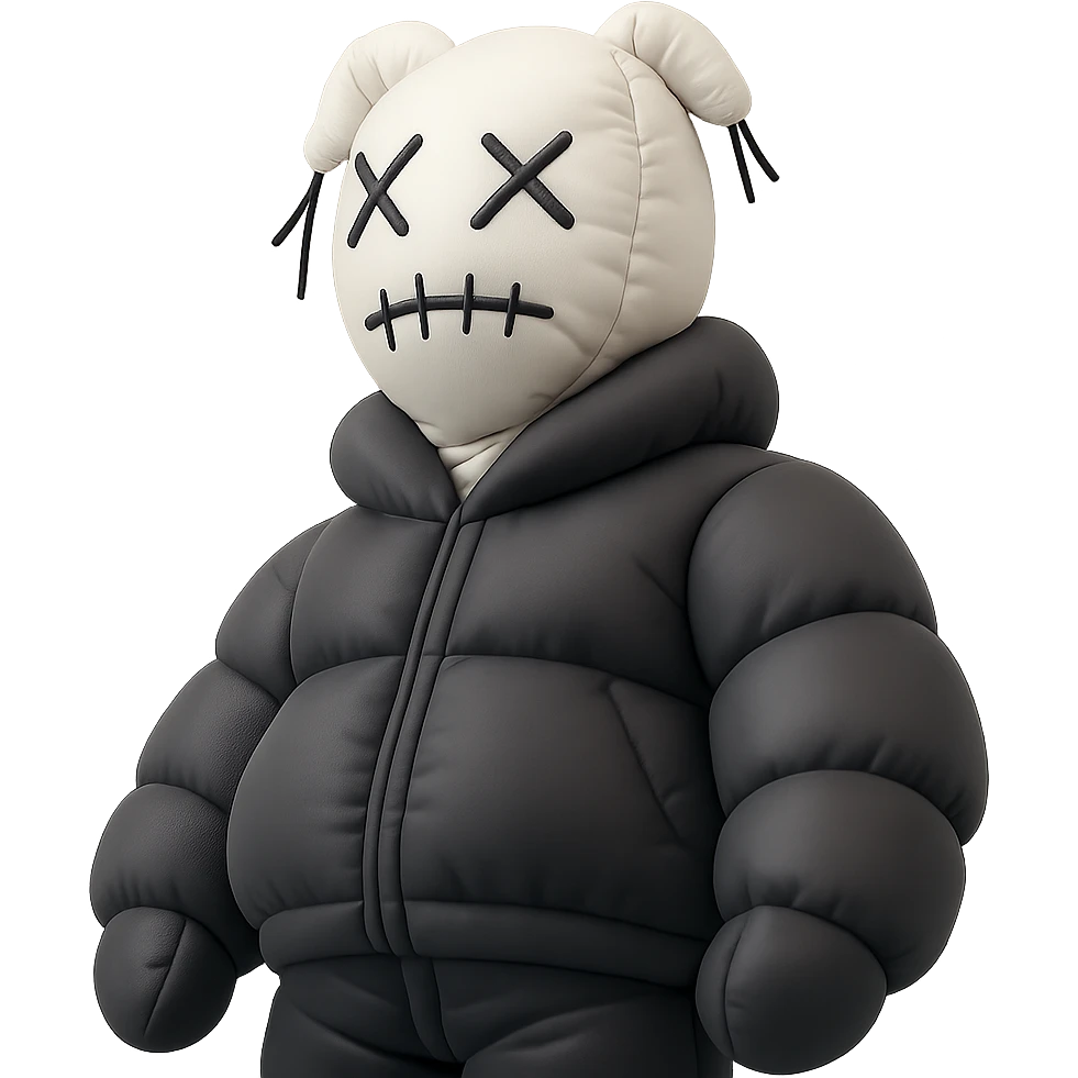 This image shows a person wearing a unique and artistic outfit. The perspective is shot from a low angle, making the figure appear imposing and dramatic. Here are the key elements:
	•	Headgear: The person is wearing a white knitted balaclava-style mask with black, irregular stitched designs and protruding black threads, giving it a surreal or avant-garde look.
	•	Clothing: The outfit appears to be a dark, possibly custom or streetwear-style jacket with visible seam or pattern details.
	•	Setting: The background is minimalistic, featuring clean white walls and sharp architectural lines, contributing to a modern and abstract aesthetic.
	•	Vibe: The overall feel is edgy, mysterious, and highly stylized—reminiscent of conceptual fashion photography or art-driven editorial shoots. emoji