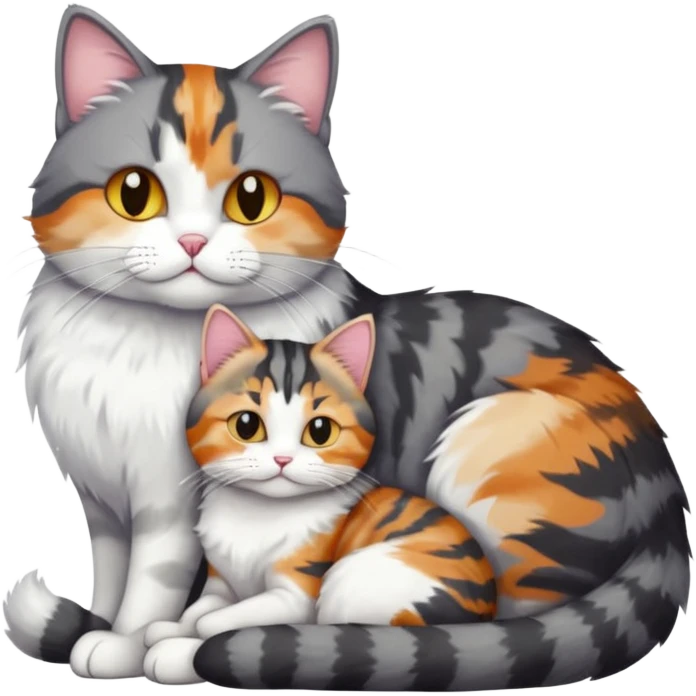 full body colourful light patched calico + white tabby cat cuddling a bigger cat that is dark grey and white tabby cat  emoji
