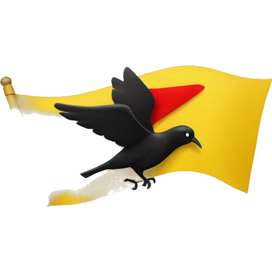The yellow flag measures 120 cm x 180 cm. In the middle there is a red pentagon. In the center of the pentagon there is a full black bird with two heads facing left and right. emoji