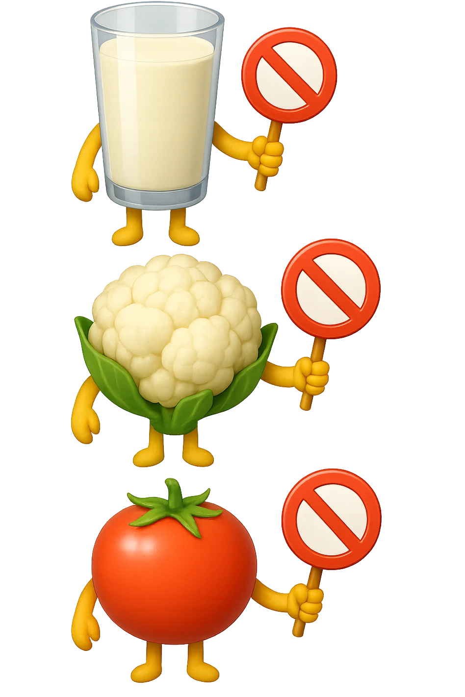 emoji stile iphone di un BICCHIERE DI LATTE CAVOLFIORE E POMODORO CHE FLUTTUANO IN ARIA VERTICALMENTE CON DIVIETI IN MANO, iperrealistico 4k, isolato su sfondo bianco emoji