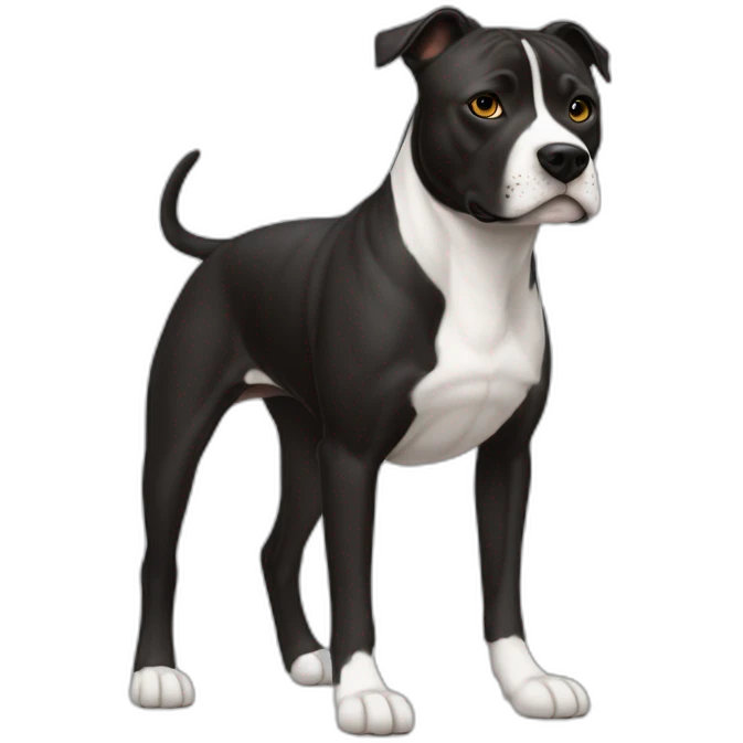 Staffi femmelle noir avec des chaussettes blanche  sur ses  pattes des tache de brunger et un trait blanc sur le museau emoji