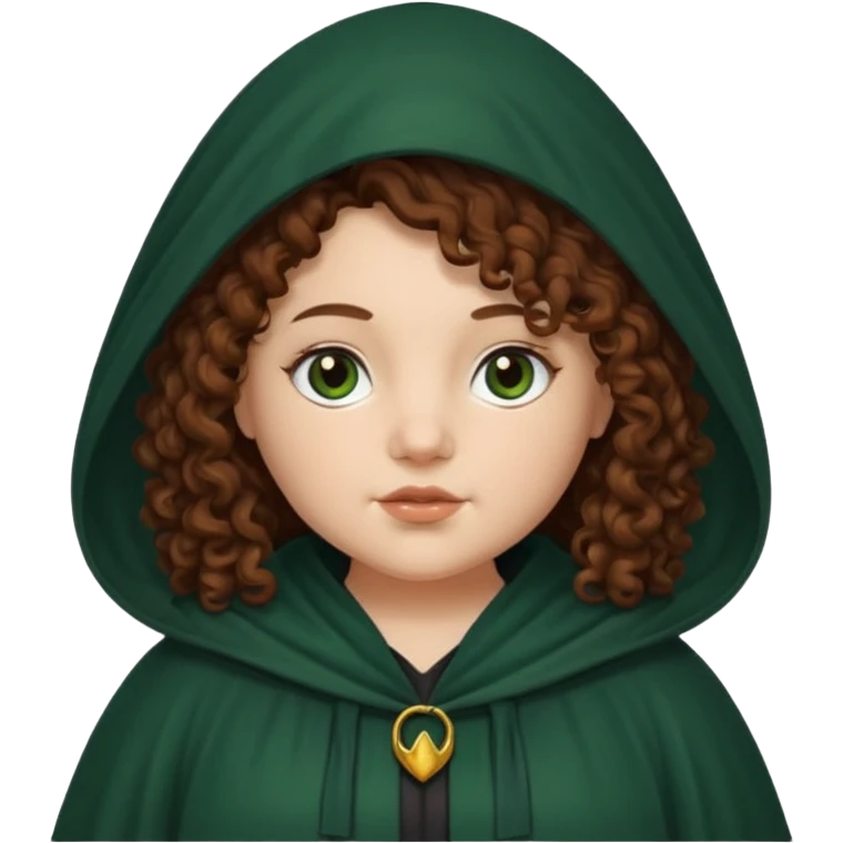 A white woman with a chubby face, with long dark auburn hair, cloaked and hooded like she's a Traitor in the tv show 'The Traitors'. her hair is frizzy curly, not with defined curls, and the robe is a very dark green/almost black color emoji