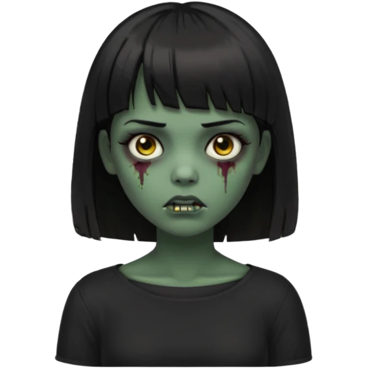 Zombie girl emoji verde escuro com cabelo curto liso preto no ombro e franja na altura da sobrancelha cobrindo completamente a testa, com uma blusa preta, olhos castanhos escuros emoji
