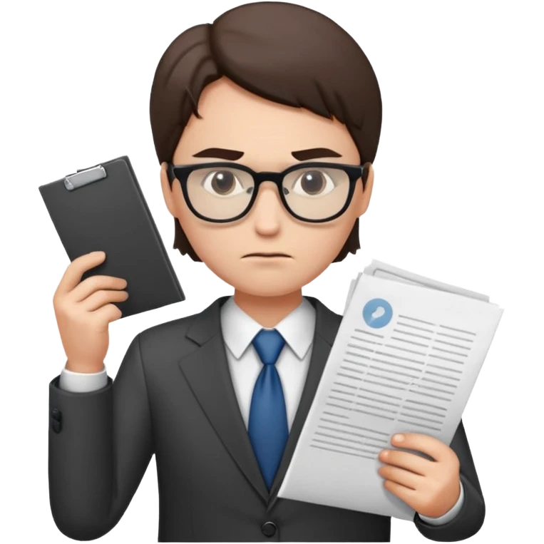 Frowns with Glasses, Office Boss: Business outfit, holding papers, frowning behind glasses, serious look
 emoji