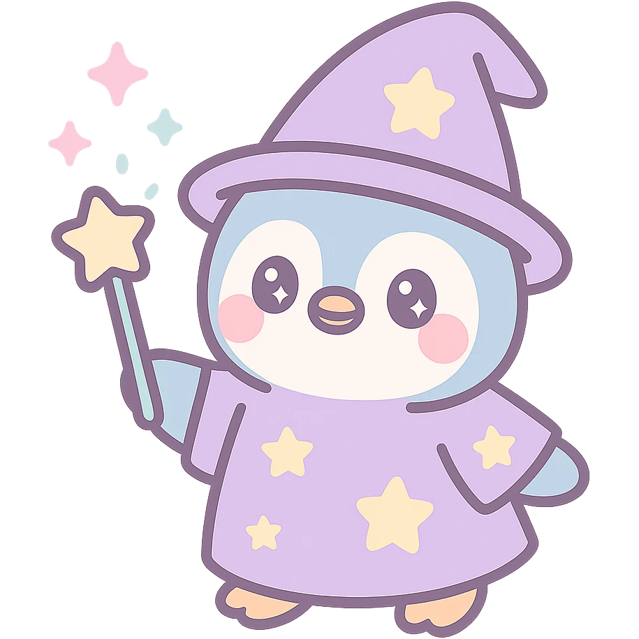 a cute penguin wizard casting a spell, with sparkles and a starry robe emoji