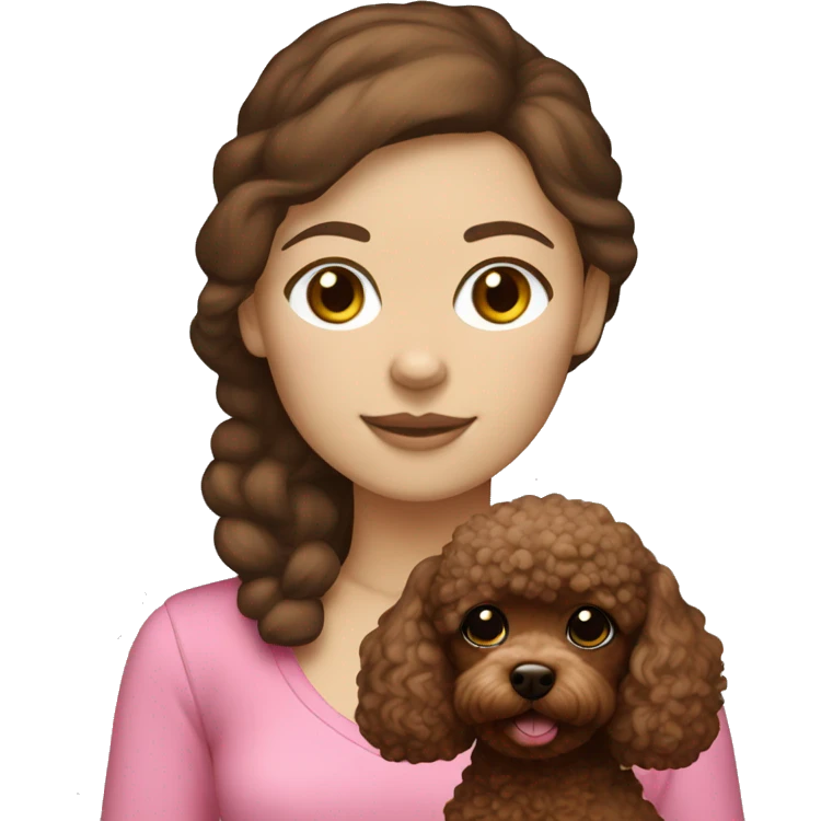 Create a girl with brown hair and white skin with en brown toy poodle  emoji