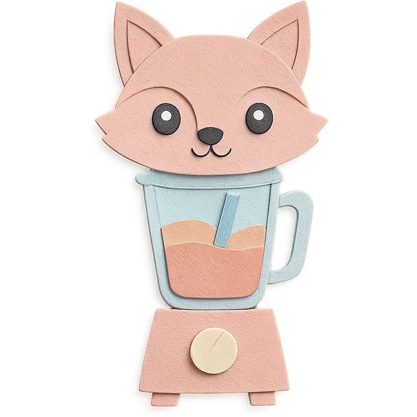 full-body pastel pink fox blender with transparent body and smoothie inside, sparkling eyes, paper craft style emoji