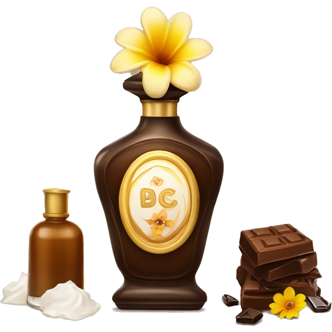 An antique perfume bottle with oil made of bronze and brown crystals, coconut cream and coffee milk flow, chocolate, yellow flowers of fragrant vanilla lie next to it emoji