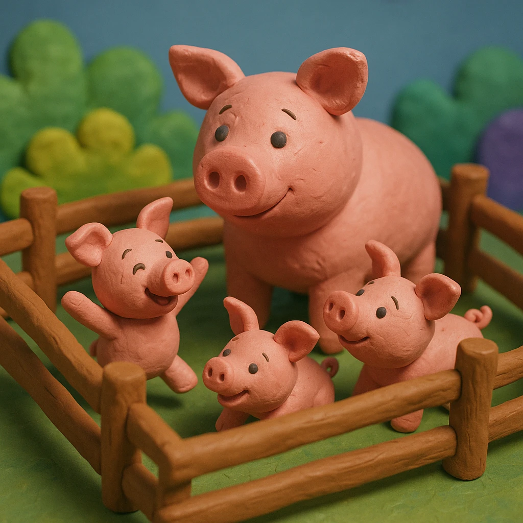 claymation style pig family in a wooden pen, piglets playing, colorful and cheerful emoji