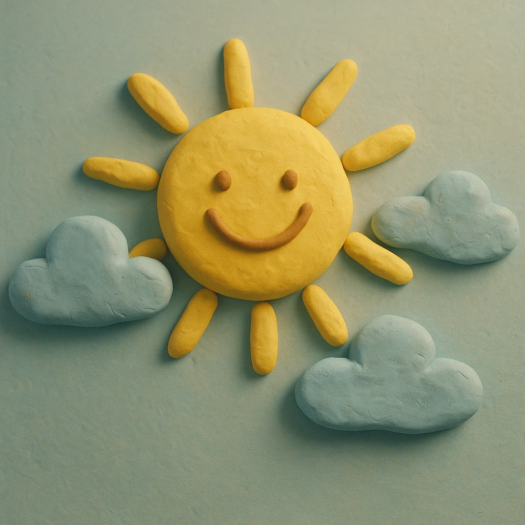 smiling sun with clouds, pastel colors, visible fingerprints, soft matte plasticine claymation style emoji