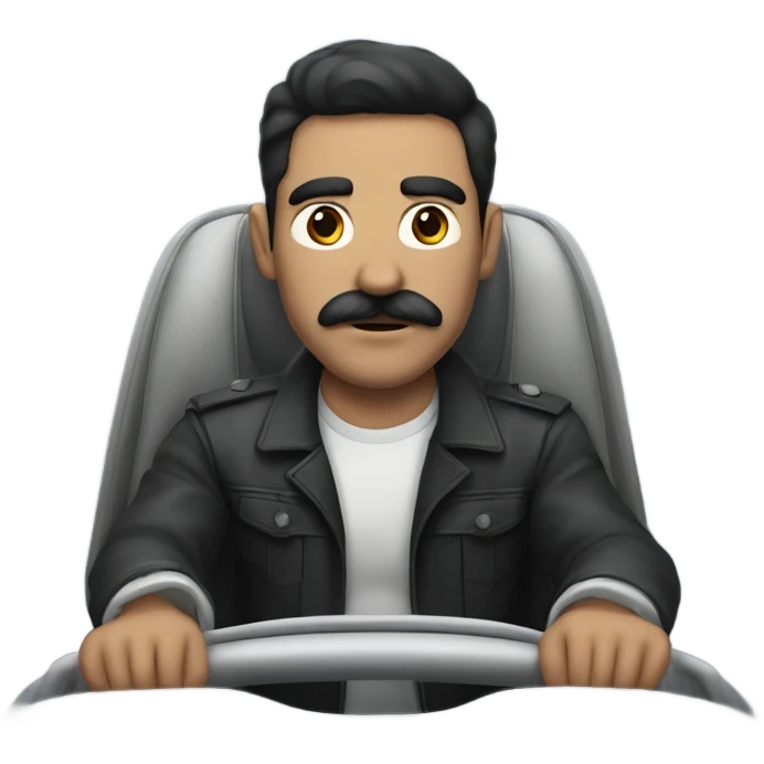dark hair dark eye man with mustache sitting in car emoji
