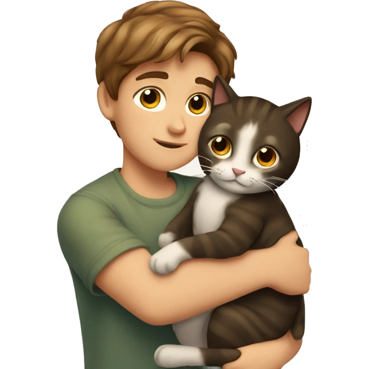 A boy with brown hair hugs a cat emoji