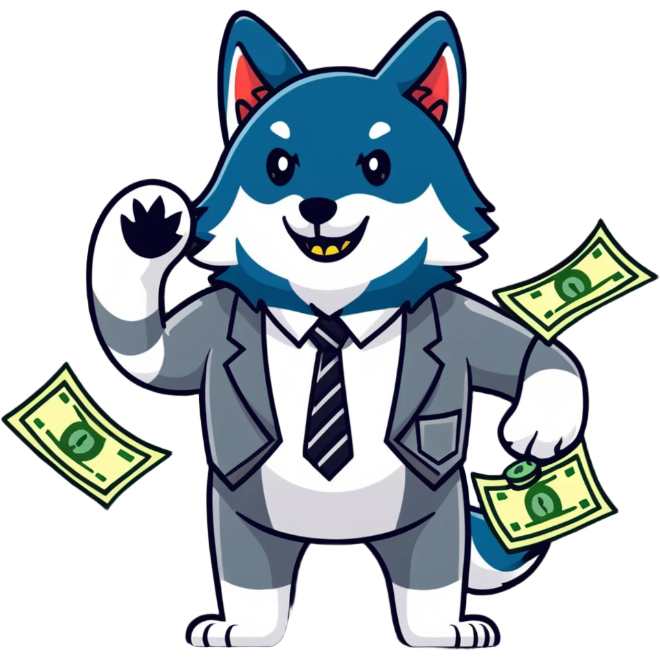 Wolf in football jersey and business tie throwing cash, stock market charts background emoji