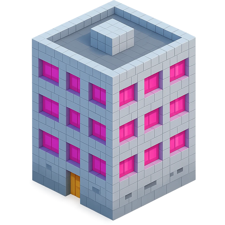 Russian panel apartment building, square block, light gray, large pink windows, isometric view emoji
