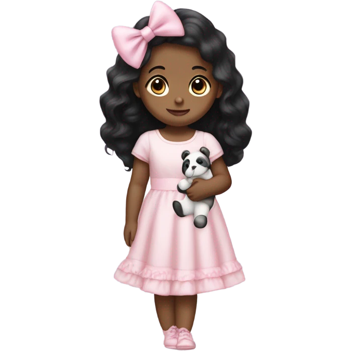 Little  babygirl with White skin,. Long black hair, with light pink bows.  She is wearing a light pink and White dress, holding a teddybear with a pink bow. emoji