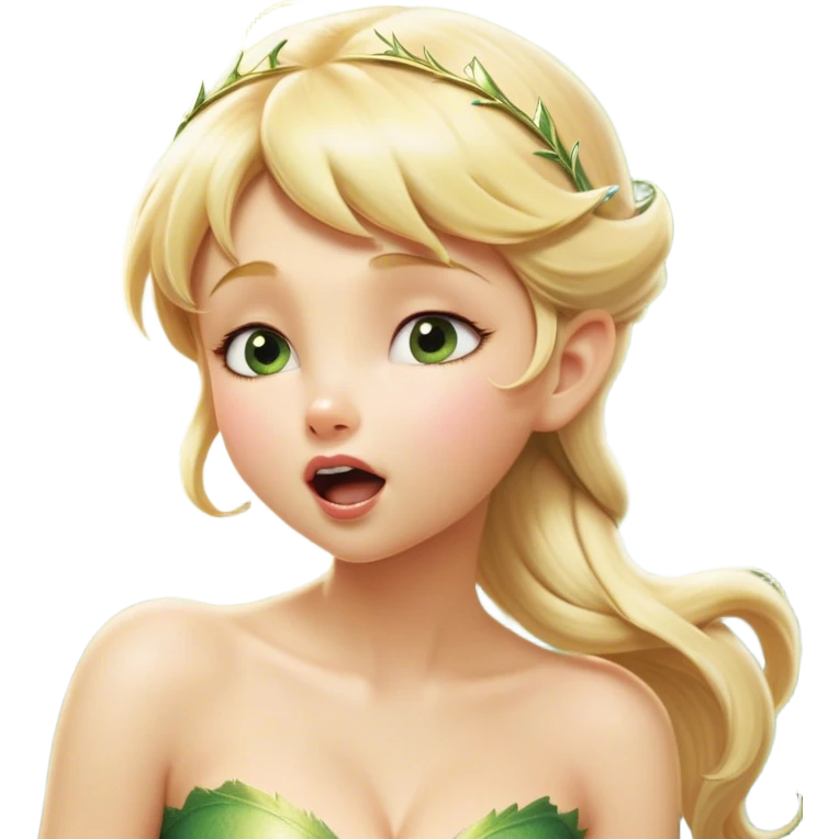 Cinematic Realistic Blonde Tinker Bell Fairy Portrait, head tilted slightly with a dramatic, wide-open yawn, revealing a tender, drowsy visage with intricately detailed golden blonde hair and softly shimmering wings gently drooping. Her sleepy, sparkling eyes exude a dreamy, ethereal charm, while the soft natural light and high shine emphasize every delicate detail—capturing the essence of an enchanting fairy drifting into a magical slumber. emoji