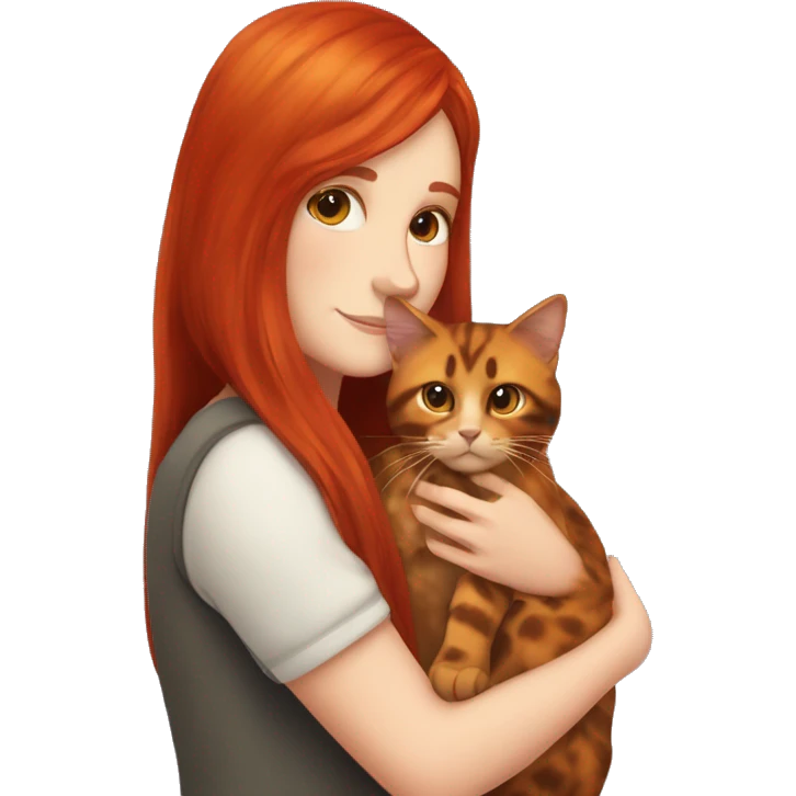 white girl with long red hair cuddling tortoiseshell cat emoji