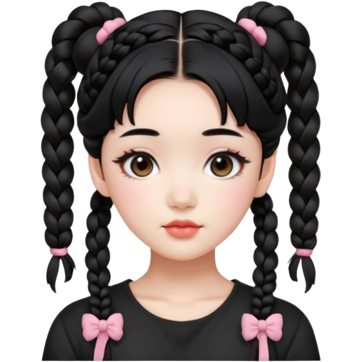 a beautiful girl face, wearing cute korean makeup, black hair, lower braided space buns with cute front bangs, kpop idol emoji