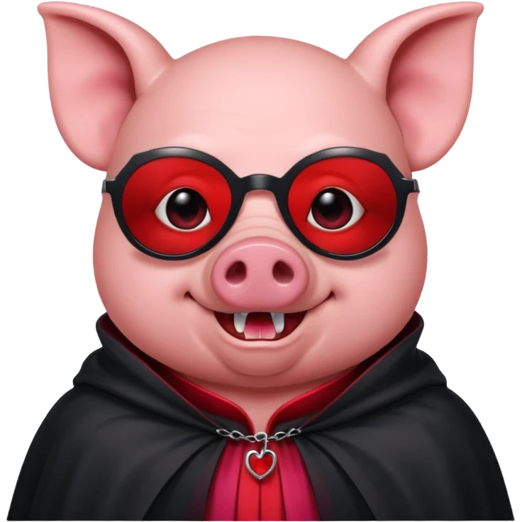 Vampire animal, pig in red collar cloak, red eye, fangs, sunclasses emoji