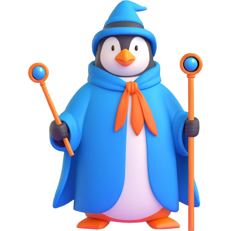penguin wizard with a long blue robe and staff emoji