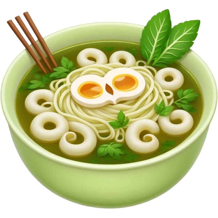 create khmer noodle emoji with green broth and white noodle emoji