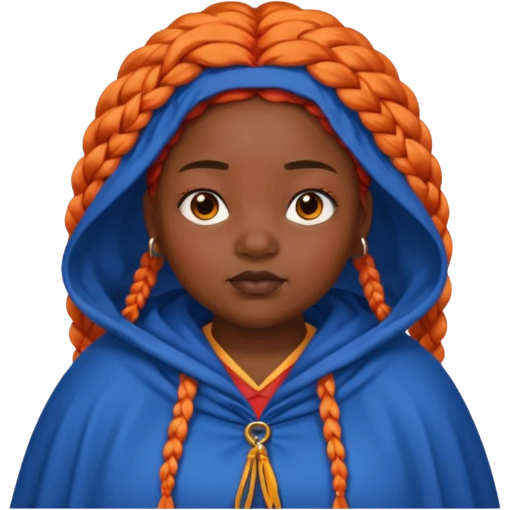 red orange braids hair girl, black skin, fat, wear blue cloak emoji