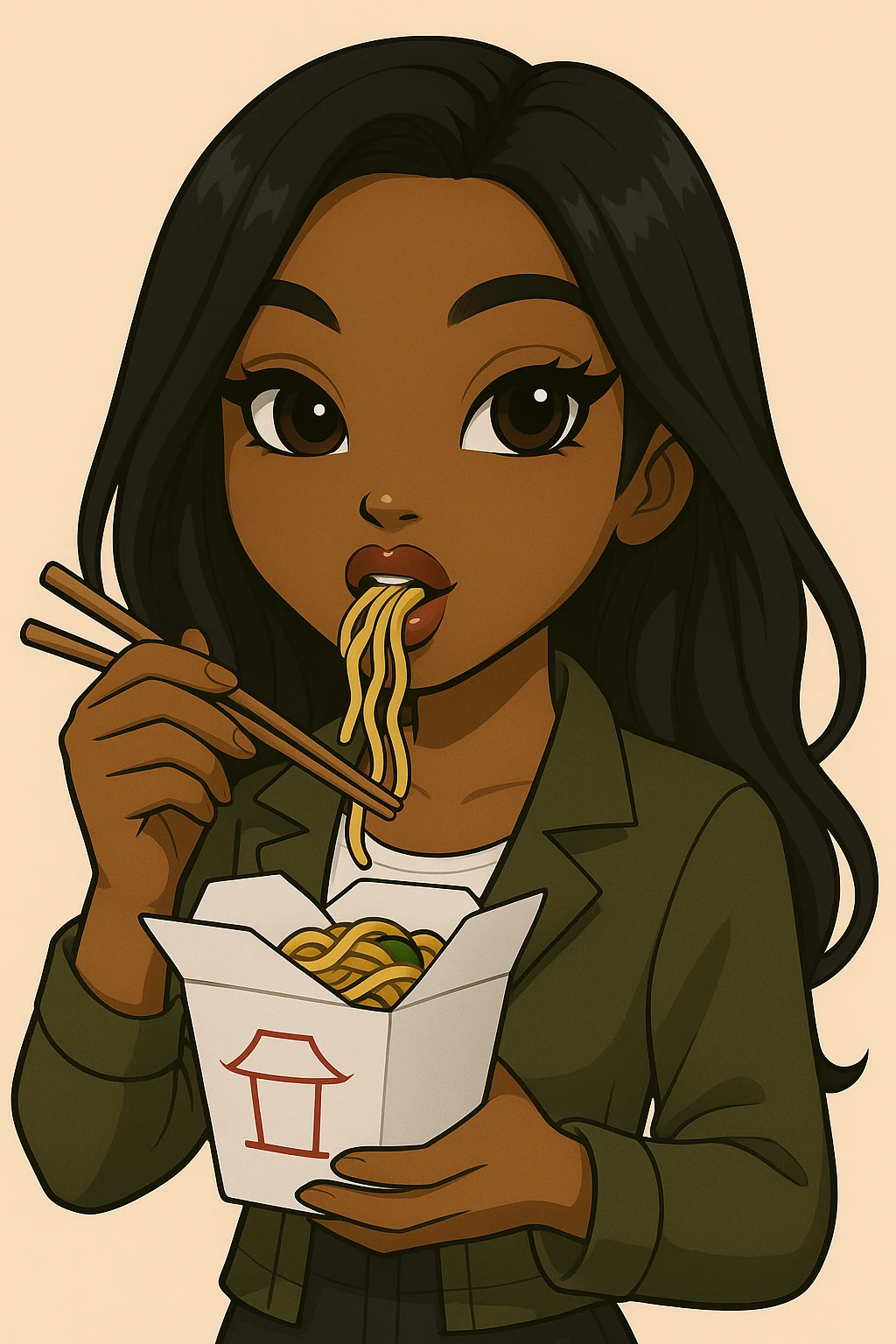 Change the pose to a headshot only of a 20-year-old anime Bratz style woman with dark skin, straight hair, trendy outfit, big expressive eyes, glossy lips, no hat, no tears, happy expression, looking straight ahead, eating out of a to-go Chinese food container with chopsticks. emoji