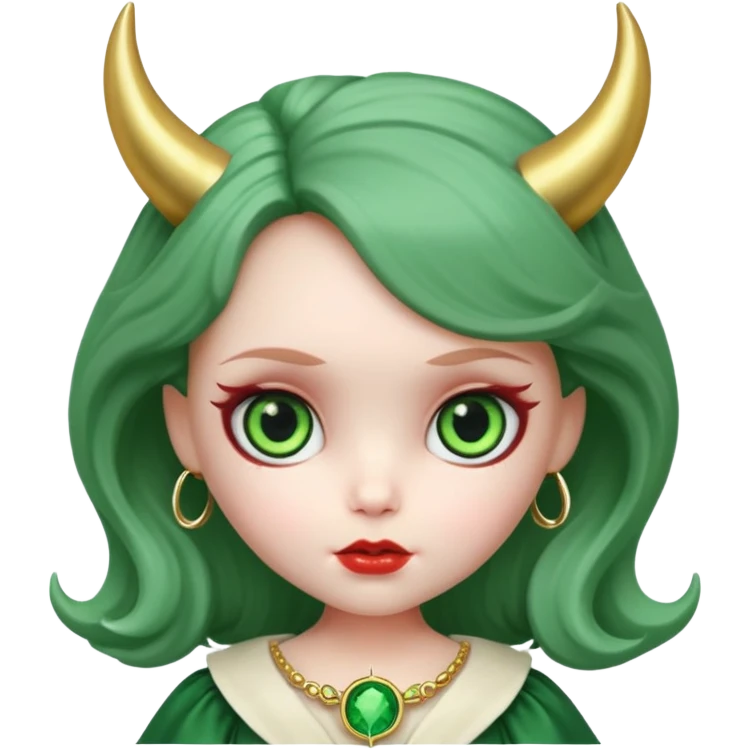 A Blythe doll with big green eyes and devil horns and a halo  emoji